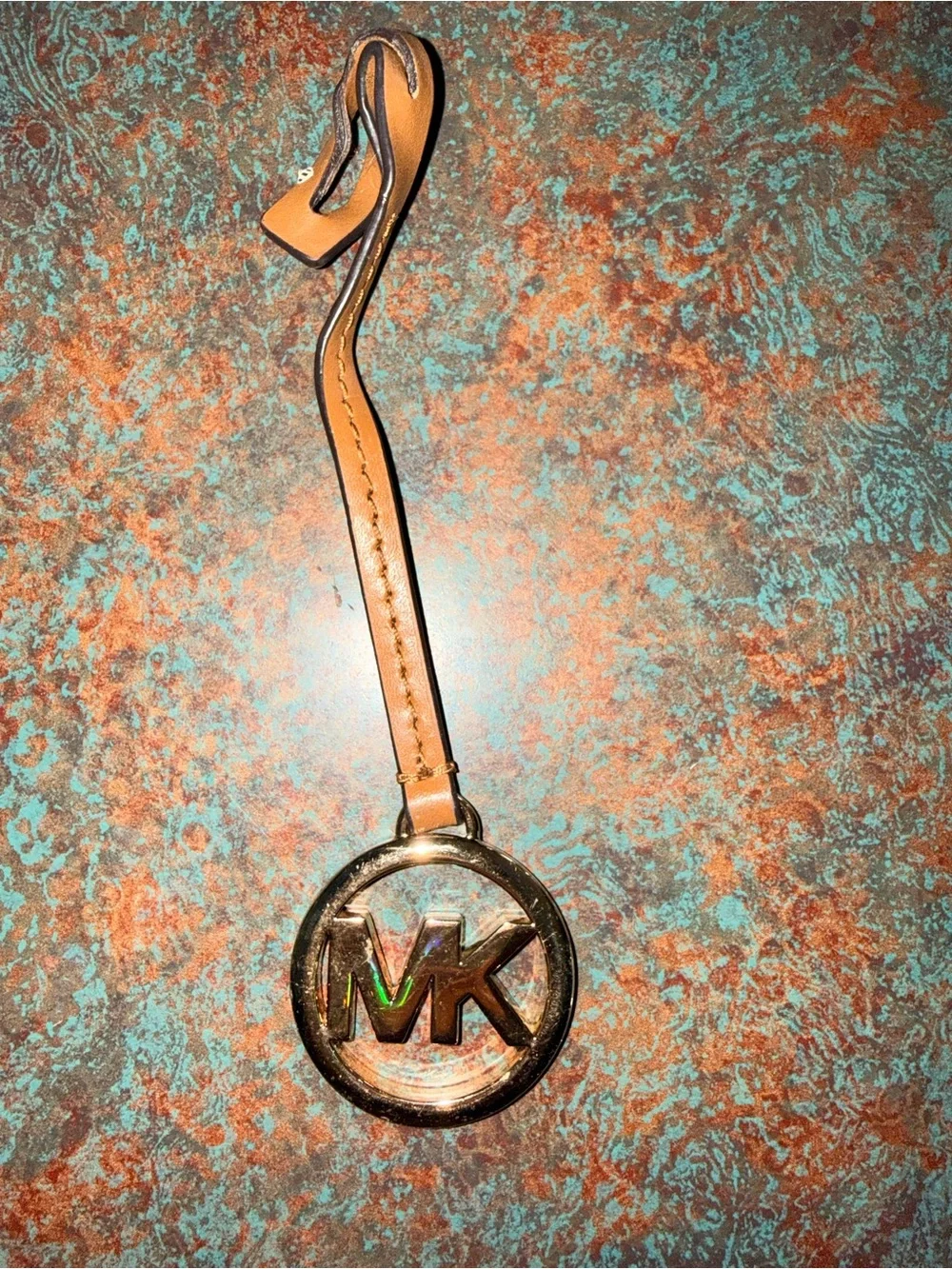 Michael Kors Brown Leather Strap Key Charm with Gold MK Logo